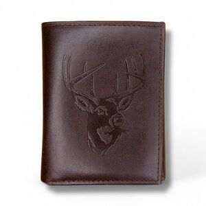 Brown Genuine Leather Wallet Buck Graphic Trifold Classic Western Outdoor
